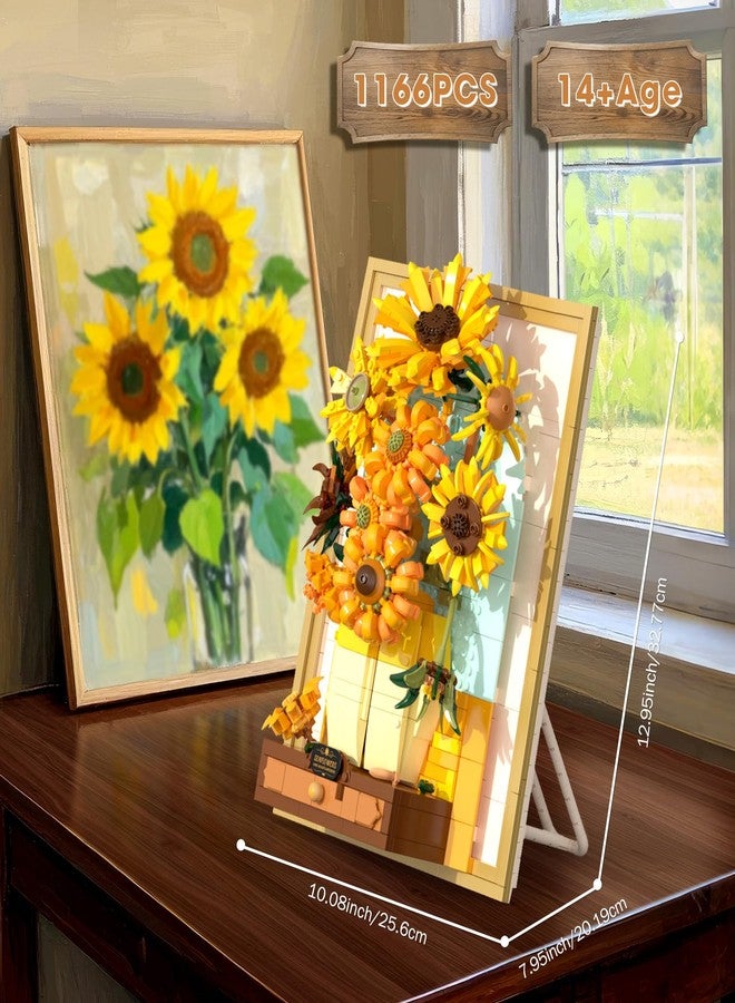 Brihappen Building Block Sets, Van Gogh Sunflower Painting Building Toys with Sensor Light, 1166 Pcs 3D Framed Wall Art for Adults, DIY Model Kit for Home Office Decor, Gift for Women & Art Lovers - Image 2