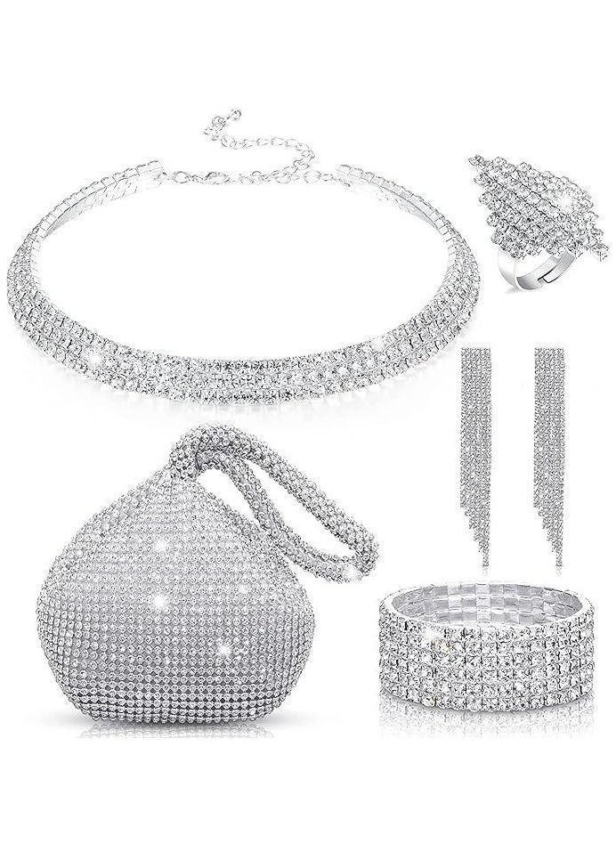 Miluraining - 4 Pcs Silver Rhinestone Jewelry Set with Women Glitter Evening Clutch Bag, Full Rhinestone Necklace and Crystal Earrings Bracelet, Party Wedding dress Accessories, Jewelry Set for Women and Girls - Image 1