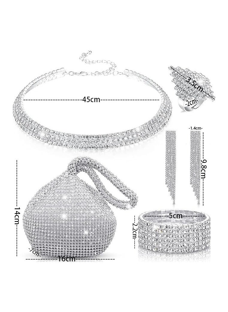 Miluraining - 4 Pcs Silver Rhinestone Jewelry Set with Women Glitter Evening Clutch Bag, Full Rhinestone Necklace and Crystal Earrings Bracelet, Party Wedding dress Accessories, Jewelry Set for Women and Girls - Image 1