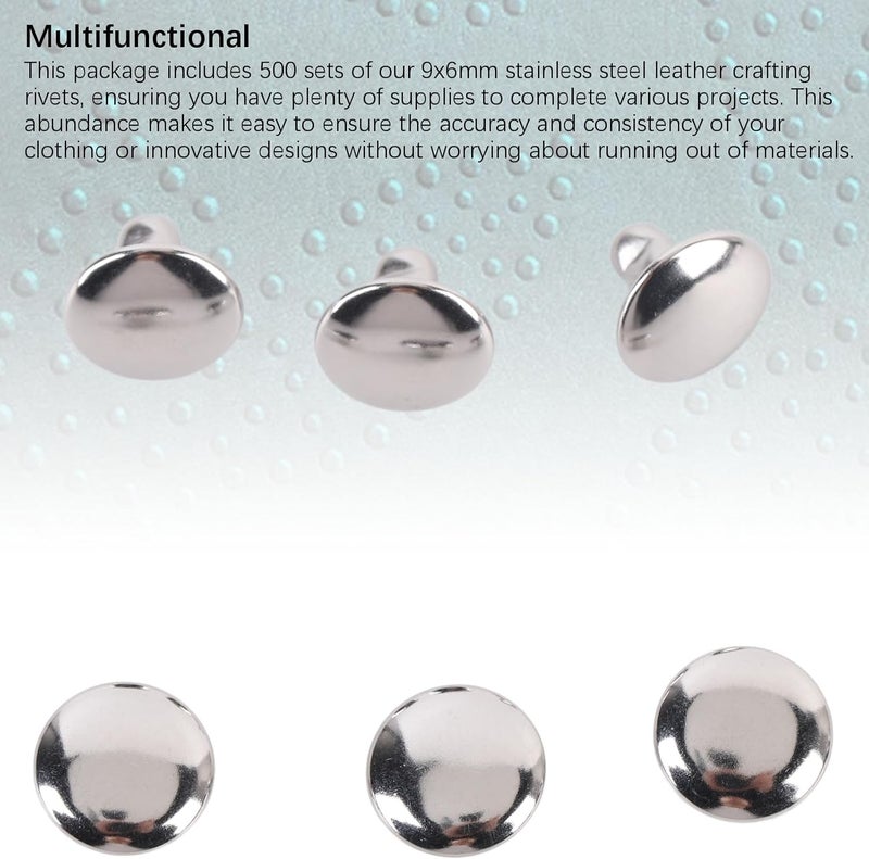 500 Set Leather Crafting Rivets, Double Cap Leather Rivets, Stainless Steel 9x6mm Metal Rivets for Handcraft, Belt Repair, Apparel, Boots, Handbags with Polished Finish - Image 2
