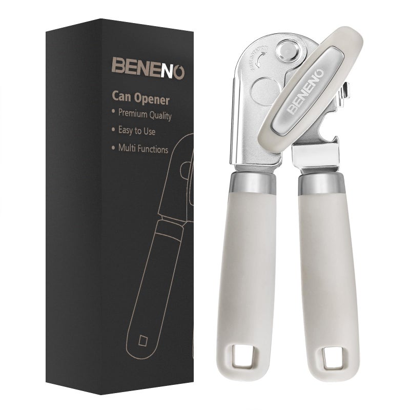 Beneno Heavy Duty Hand Can Opener Manual with Magnet Durable Sharp Carbon Steel Blade Smooth Cutting Big EffortSaving Knob Soft Grip Handle Multifunctional Kitchen Tool with Bottle Opener Beige