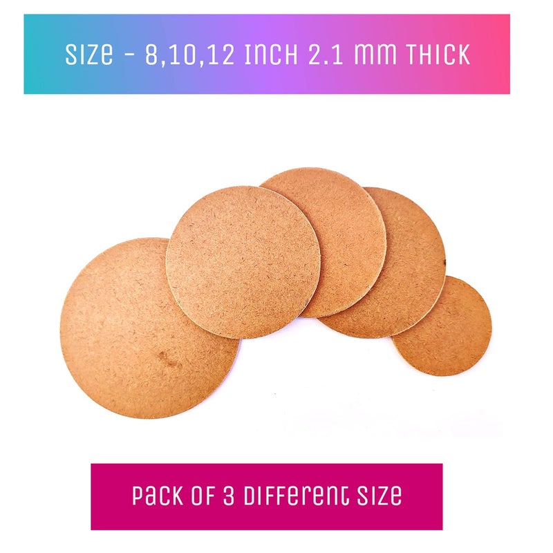 Ormango MDF Craft Board Round Circle 2.1 mm Thick Pack of 3 Different Size, Hardboard Sheets for Home Decor, Multipurpose, DIY, Painting, Decoupage, Art and Crafts (Pack of 3 (8,10,12 inch)) - Image 2