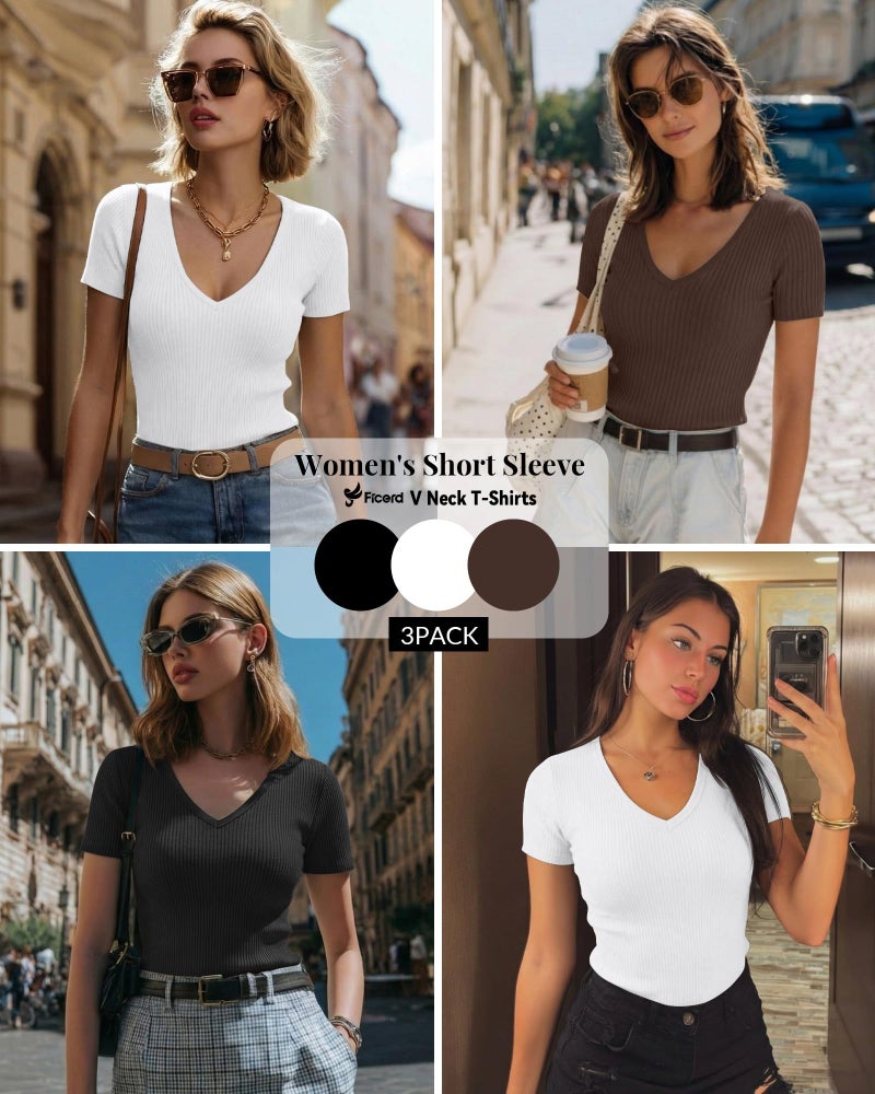 Ficerd 3 Pack Women's Short Sleeve Cotton T-Shirts V Neck Ribbed Slim Fit Tops Ladies' Casual Summer Basic Tee(Black, White, Brown,S) - Image 2