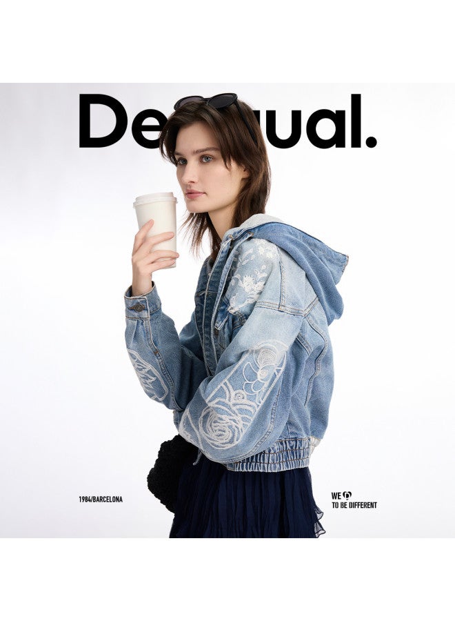 DESIGUAL جاكيت جينز مزين بتطريز ثقيل مزهر بغطاء رأس للنساء - Image 2