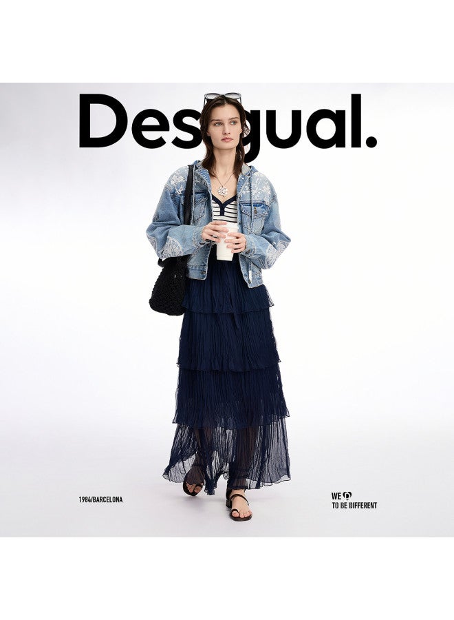 DESIGUAL جاكيت جينز مزين بتطريز ثقيل مزهر بغطاء رأس للنساء - Image 3