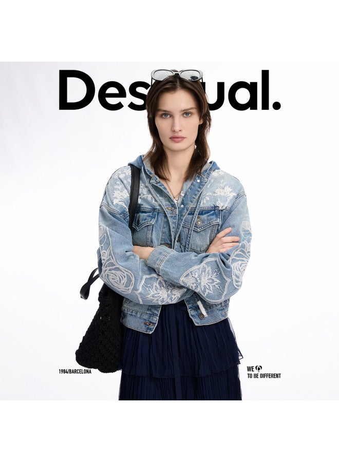 DESIGUAL جاكيت جينز مزين بتطريز ثقيل مزهر بغطاء رأس للنساء - Image 5