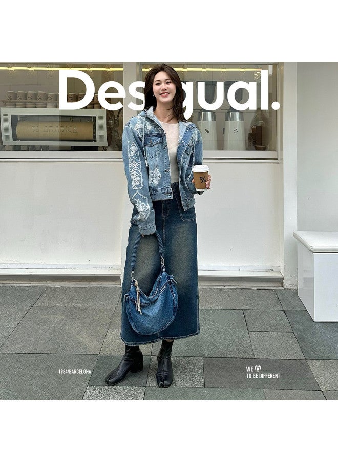 DESIGUAL جاكيت جينز مزين بتطريز ثقيل مزهر بغطاء رأس للنساء - Image 4
