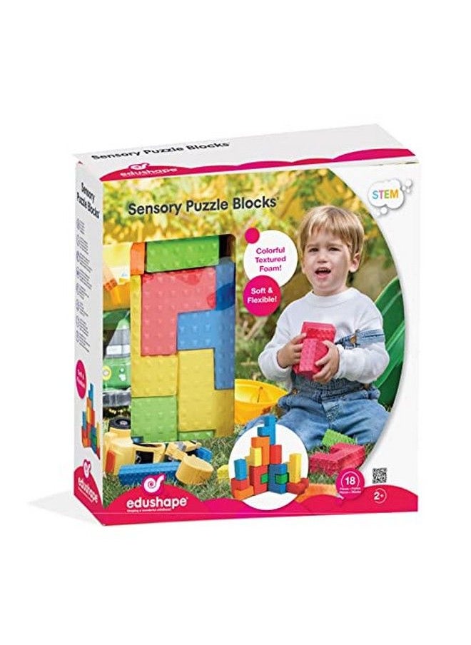 Edushape Sensory Puzzle Blocks 18 Pc Set Colorful Textured Interlocking Construction Block Puzzles For Sensory Development In Toddlers & Kids Soft Baby Blocks Stem Educational Learning Toy  - Image 1