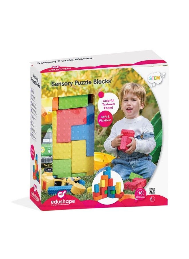 Edushape Sensory Puzzle Blocks 18 Pc Set Colorful Textured Interlocking Construction Block Puzzles For Sensory Development In Toddlers & Kids Soft Baby Blocks Stem Educational Learning Toy  - Image 2