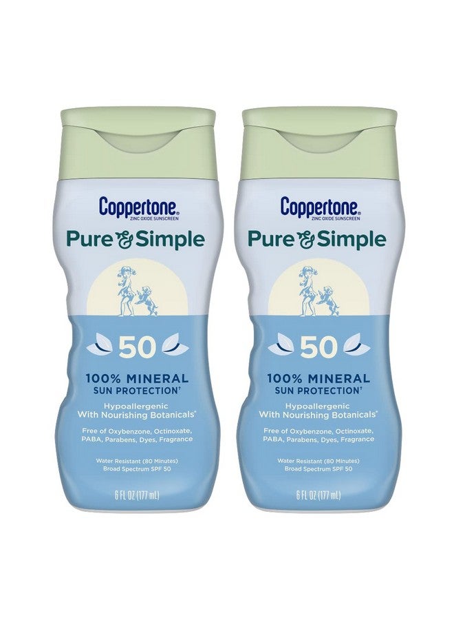 لوشن الحماية من الشمس Coppertone Pure and Simple، عامل حماية من الشمس 50، واقي من الشمس واسع الطيف مع أكسيد الزنك، 6 أونصة، عبوة من قطعتين - Image 1