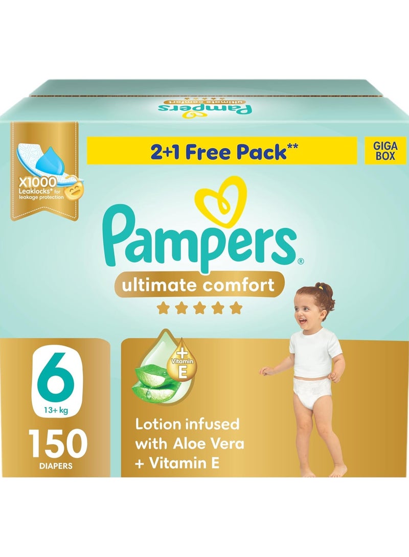 Pampers Ultimate Comfort Taped Diapers, Size 6, 13+kg, Lotion infused with Aloe Vera and Vitamin E, x1000 Leak Locks Technology for Leakage Protection, Giga Box, 150 Count