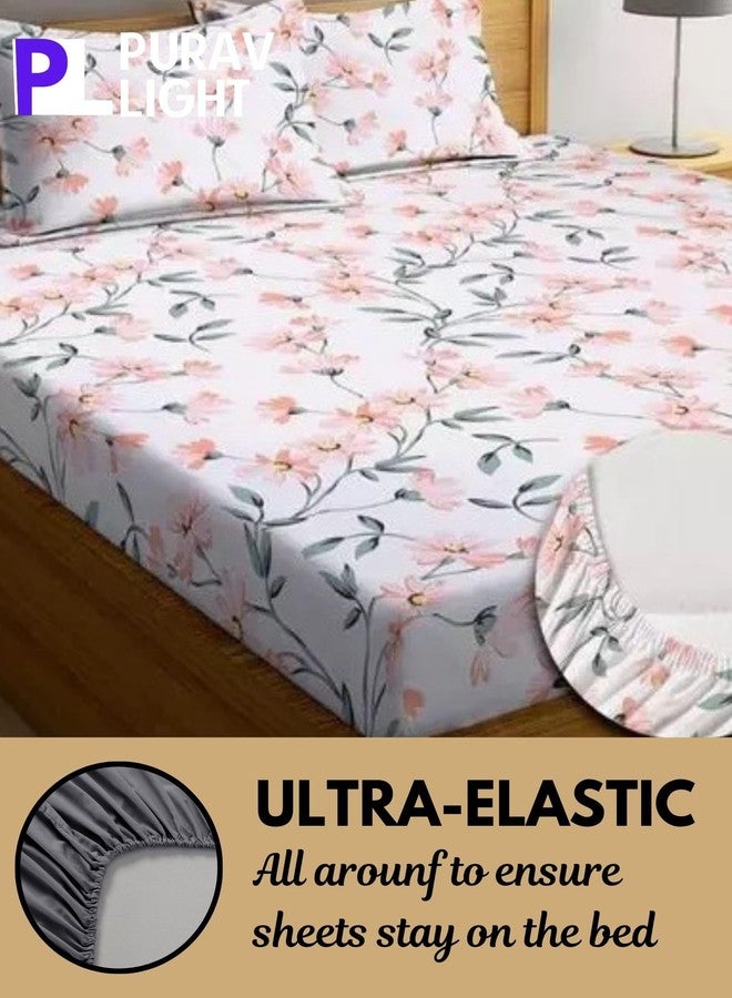 Purav Light Glace Cotton Fitted Elastic Single Bed Bedsheet| Floral Printed Cotton Bedsheet with 1 Pillow Cover for Queen Size Bed| Supersoft 340 TC| Breathable| Wrinklefree| Size: 36x72 inch, White - Image 1
