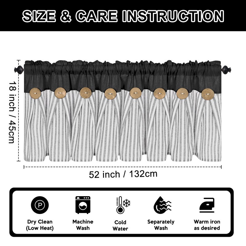 ASPMIZ Cotton Linen Kitchen Valance Curtains, Boho Rustic Button Linen Valances for Windows Farmhouse, Black with Grey Stripe Valance Window Topper Treatment Window Valances for Bathroom, 52 x 18 Inch - Image 5