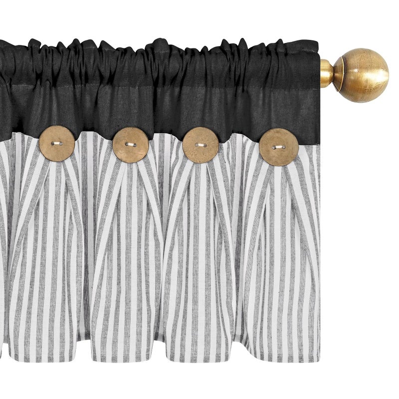 ASPMIZ Cotton Linen Kitchen Valance Curtains, Boho Rustic Button Linen Valances for Windows Farmhouse, Black with Grey Stripe Valance Window Topper Treatment Window Valances for Bathroom, 52 x 18 Inch - Image 2