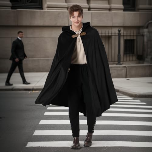 TOONRAIN Men's Adult Medieval Cloak Hoodie Velvet Renaissance Cape Halloween Dress Up (Round Buckle Black,39.37'') - Image 4
