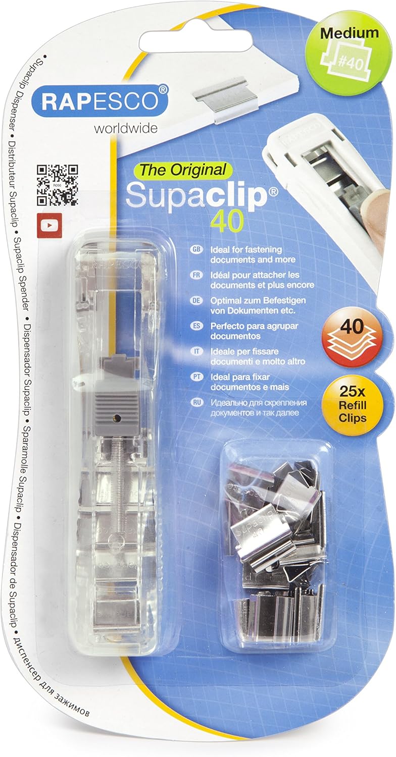 Rapesco Supaclip 40 Transparent Dispenser with 25 Stainless Steel Clips - Image 1