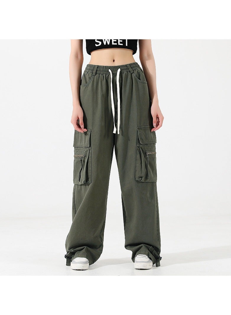 Loquat Men/Women Pure Cotton Straight Tube Multi Pocket Long Pants Hip-Hop Overalls Army Green  - Image 1