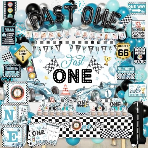 Mpanwen Fast One Birthday Decorations for Boys 143Pcs Race Car Racing 1st Party Decor Supplies for Baby Banner Cake Toppers Balloons Tablecloth Centerpieces Crown Poster Boxes Wall Signs - Image 1