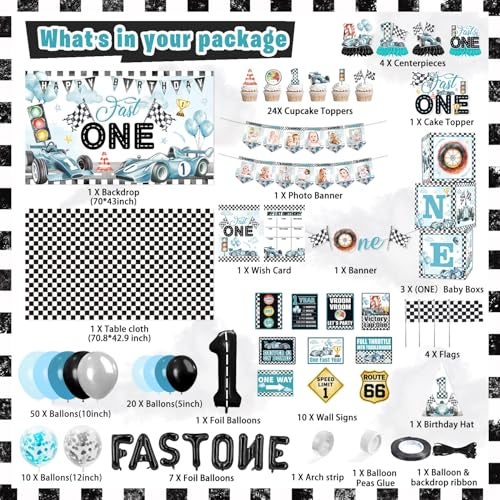 Mpanwen Fast One Birthday Decorations for Boys 143Pcs Race Car Racing 1st Party Decor Supplies for Baby Banner Cake Toppers Balloons Tablecloth Centerpieces Crown Poster Boxes Wall Signs - Image 5