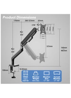 ETHU ETHU Single Monitor Arm for 17-49" Screens heavy duty UP to 16KGs/35lbs Single Monitor Stand Fully Adjustable C-Clamp & Grommet 2-Way Assembling VESA Mount 75mm 100mm Silver-Black  - Image 2