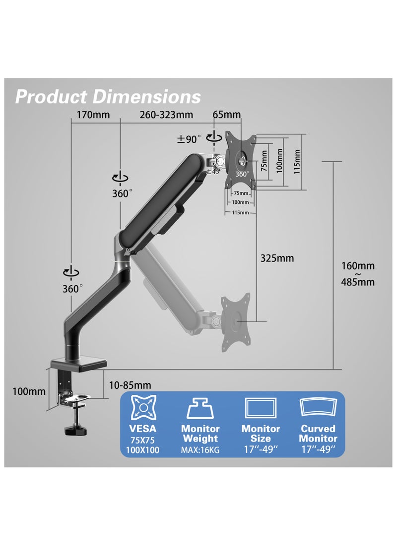 ETHU - ETHU Single Monitor Arm for 17-49" Screens heavy duty UP to 16KGs/35lbs Single Monitor Stand Fully Adjustable C-Clamp & Grommet 2-Way Assembling VESA Mount 75mm 100mm Silver-Black - Image 1