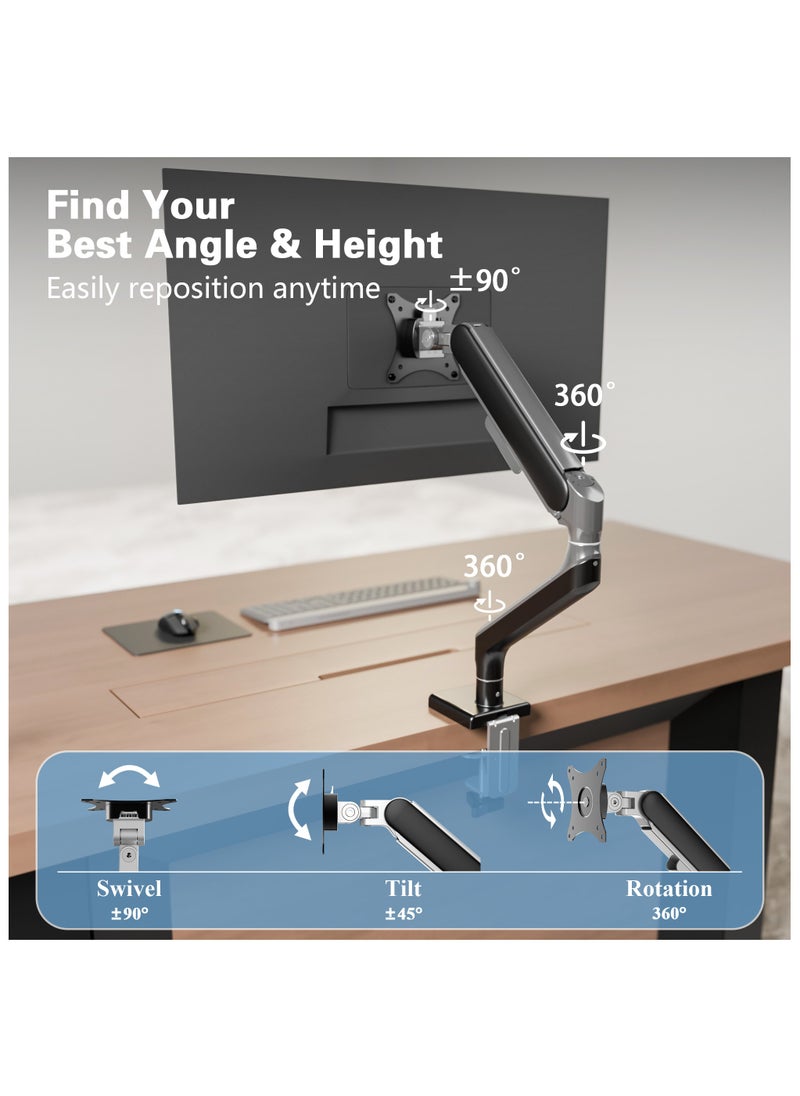 ETHU - ETHU Single Monitor Arm for 17-49" Screens heavy duty UP to 16KGs/35lbs Single Monitor Stand Fully Adjustable C-Clamp & Grommet 2-Way Assembling VESA Mount 75mm 100mm Silver-Black - Image 1