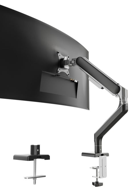 ETHU Single Monitor Arm for 17-49" Screens heavy duty UP to 16KGs/35lbs Single Monitor Stand Fully Adjustable C-Clamp & Grommet 2-Way Assembling VESA Mount 75mm 100mm Silver-Black