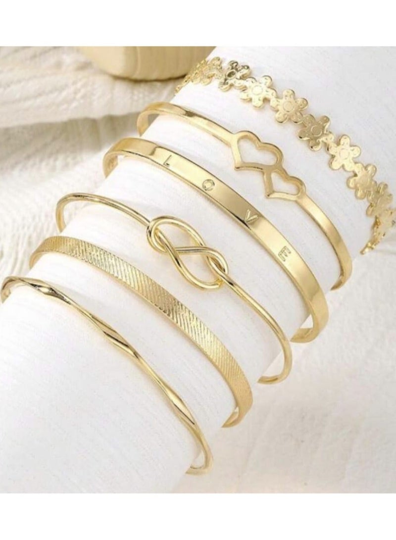 YUCCA Set of 6 Double Heart Open Design Love Message Flower Open Bracelets for Daily Wear and Party Gift for Women Gold - Image 3