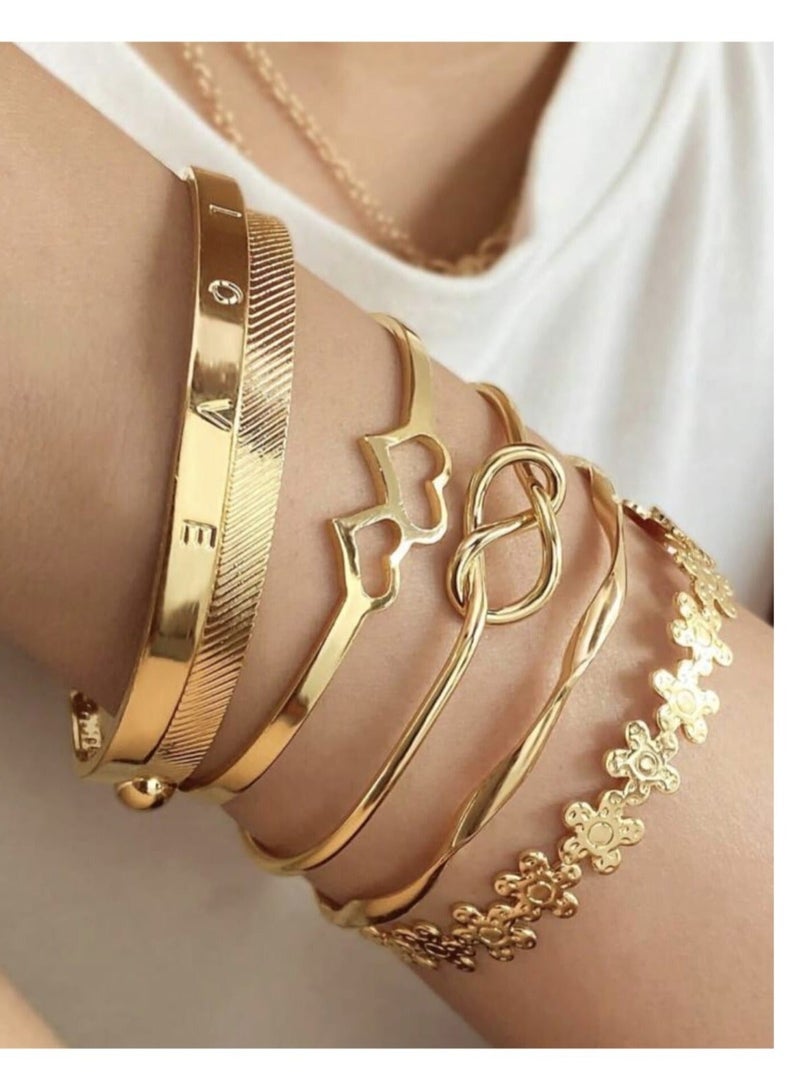 YUCCA Set of 6 Double Heart Open Design Love Message Flower Open Bracelets for Daily Wear and Party Gift for Women Gold - Image 2