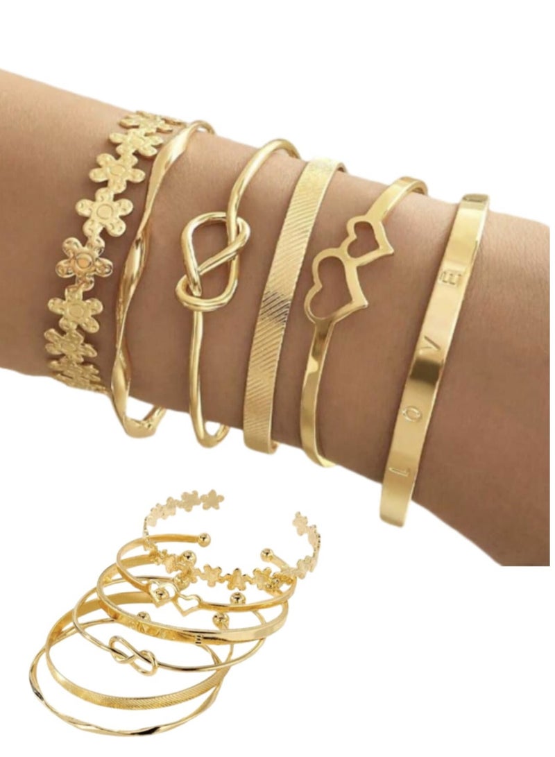 YUCCA Set of 6 Double Heart Open Design Love Message Flower Open Bracelets for Daily Wear and Party Gift for Women Gold - Image 1