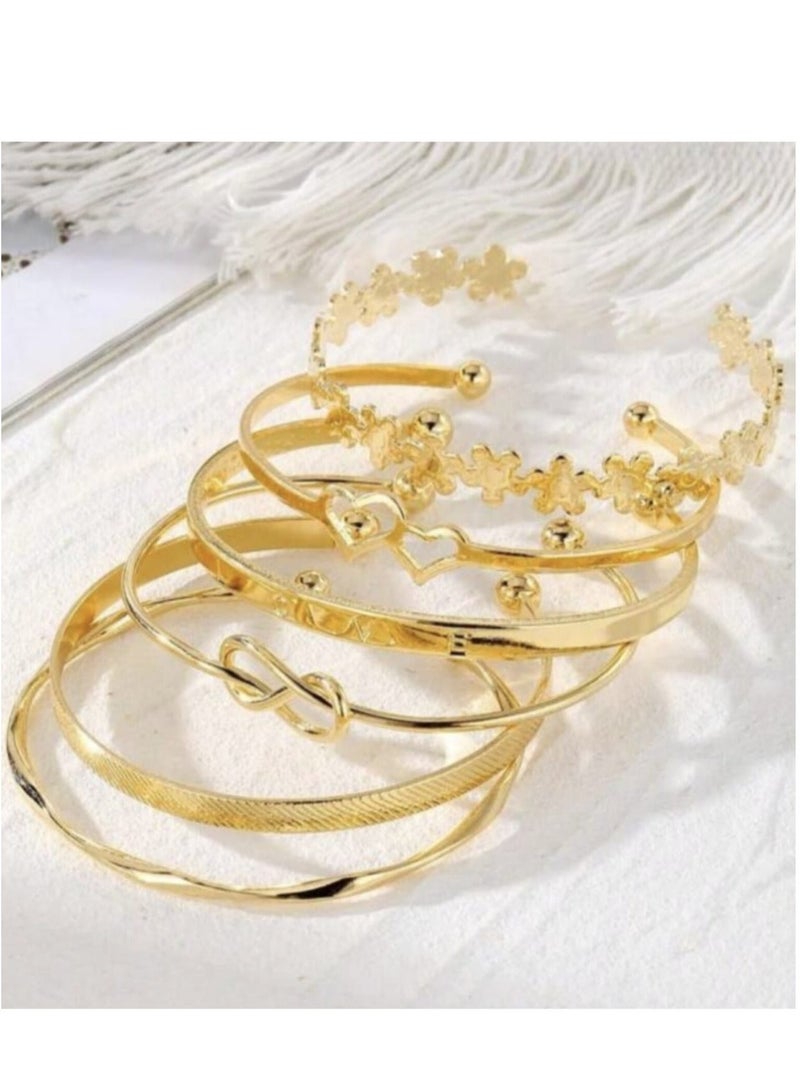YUCCA Set of 6 Double Heart Open Design Love Message Flower Open Bracelets for Daily Wear and Party Gift for Women Gold - Image 4