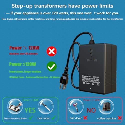 Dadaodadao 120Watts, Voltage Converter 110v to 220v, 110 to 220 Voltage Converter, Transformador de 110 a 220, Step up Transformer 110v to 220v, Applicable to Appliances with a Power of 120 Watts or Less - Image 3