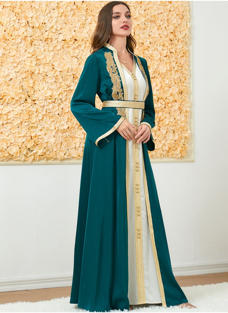 Loquat Muslim 2 Pcs Abaya Long Sleeve Open Front Rhinestones Kaftan Cardigan Maxi Dress for Women with Belt  - Image 3