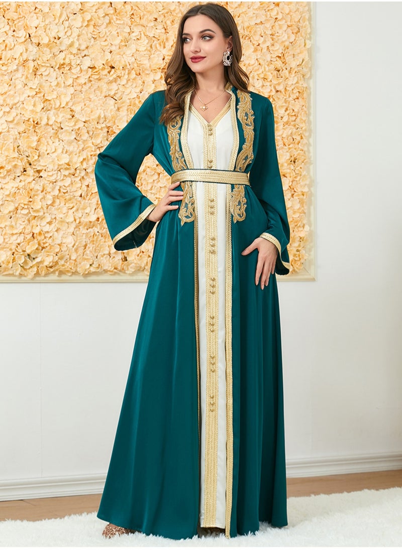 Loquat Muslim 2 Pcs Abaya Long Sleeve Open Front Rhinestones Kaftan Cardigan Maxi Dress for Women with Belt  - Image 1