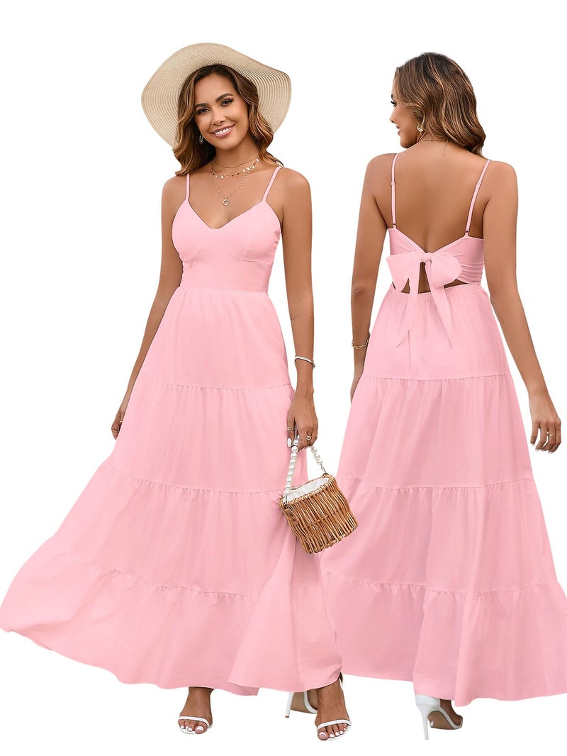 HTZMO Women Casual Summer Floral Maxi Sundress V Neck Spaghetti Strap Bow Tie Backless Flowy Boho Beach Long Dress 2026 Pink M - Image 1