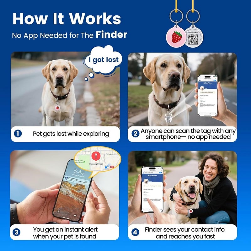 PawView [5-Pack] QR Code Pet ID Tags for Dogs & Cats – Cute Fruit Designs, Waterproof Smart Dog Tags Personalized, Scan QR for Instant Location Alert, Emergency Contact and Modifiable Pet Profile - Image 2