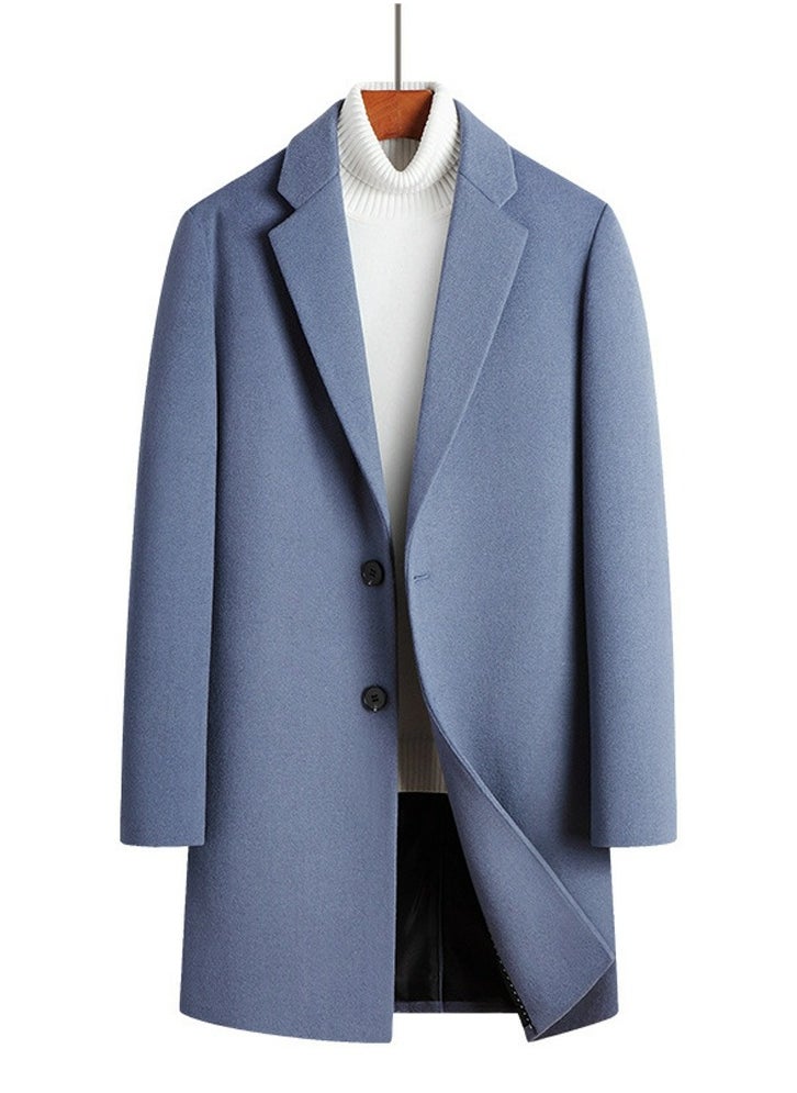 Loquat - Men's Woolen Casual Coat Suit Collar Long Jacket Overcoat Sky Blue - Image 1