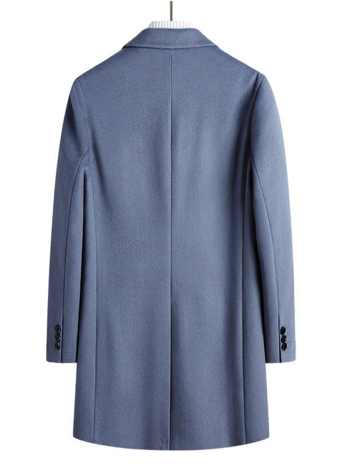 Loquat - Men's Woolen Casual Coat Suit Collar Long Jacket Overcoat Sky Blue - Image 1