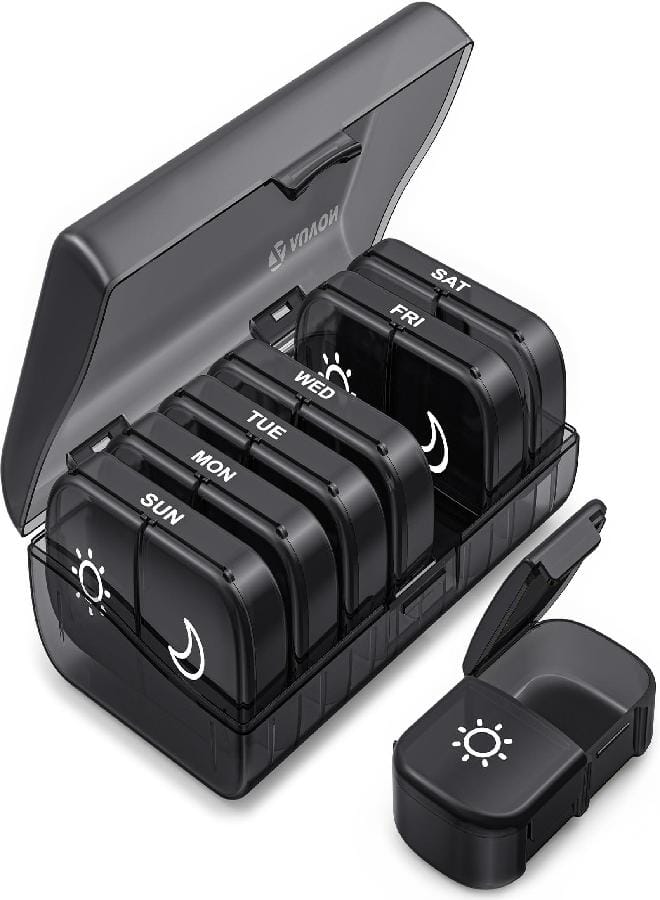 AUV0N AUVON XL Weekly Pill Organizer 2 Times a Day, Pill Box 7 Day with One-Side Large Openings for Easy to Use, Black Privacy Protection AM PM Pill Case for Medication, Vitamins, Fish Oils, Supplements - Image 1
