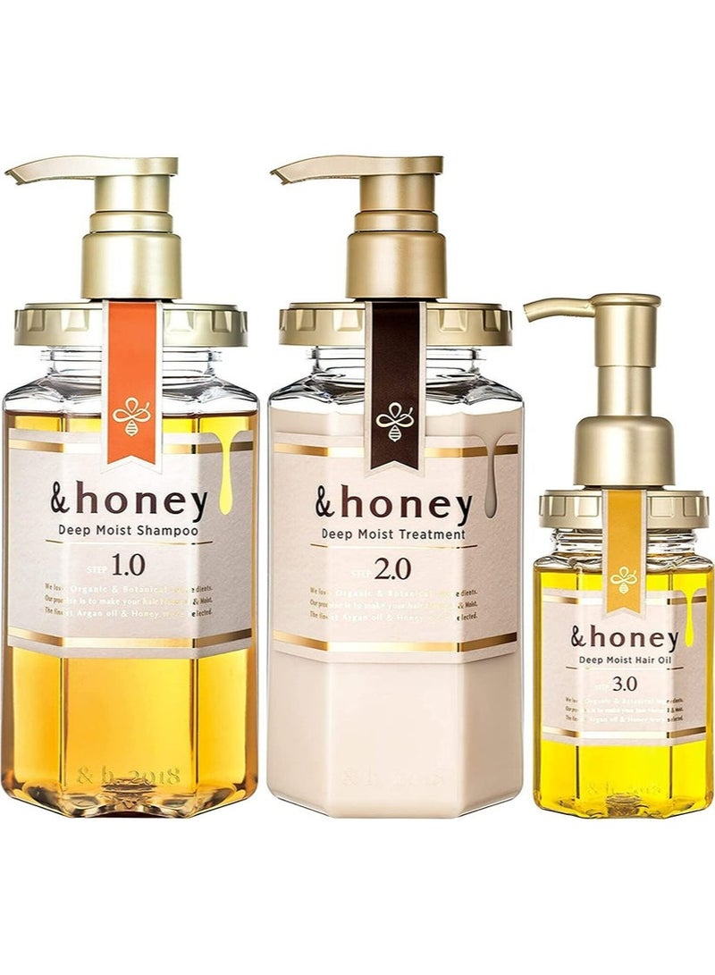 &Honey مجموعة العناية بالشعر: شامبو هوني ديب مرطب 440 مل، علاج 440 مل وزيت شعر 100 مل - Image 1