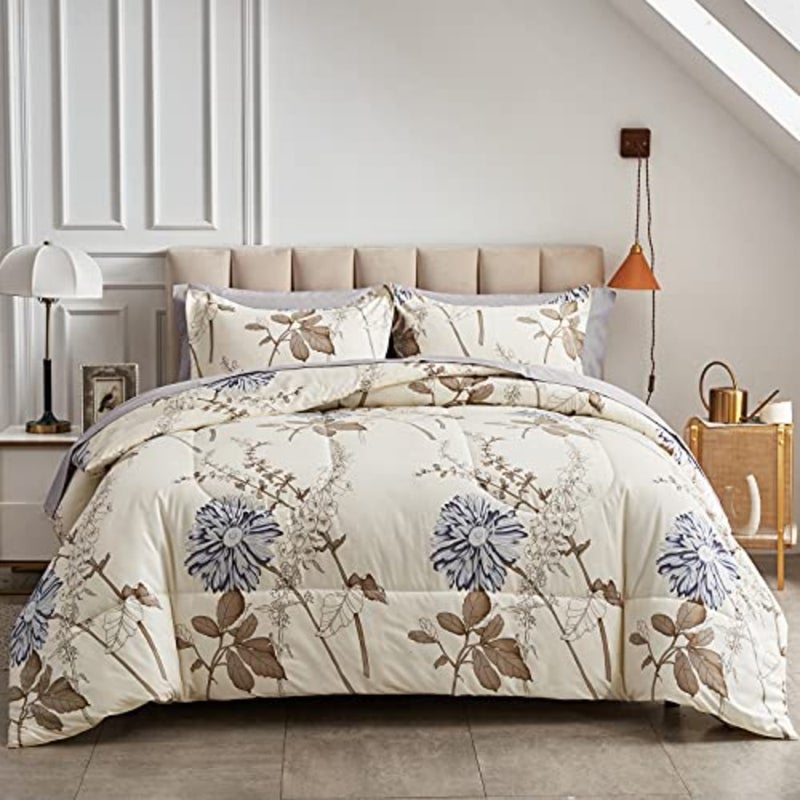 7 Piece Bed in a Bag California King, Flower Botanical Smooth Soft Microfiber Floral Comforter Set for All Season 1 Comforter, 2 Pillow Shams, 1 Flat Sheet, 1 Fitted Sheet, 2 Pillowcases - Image 2