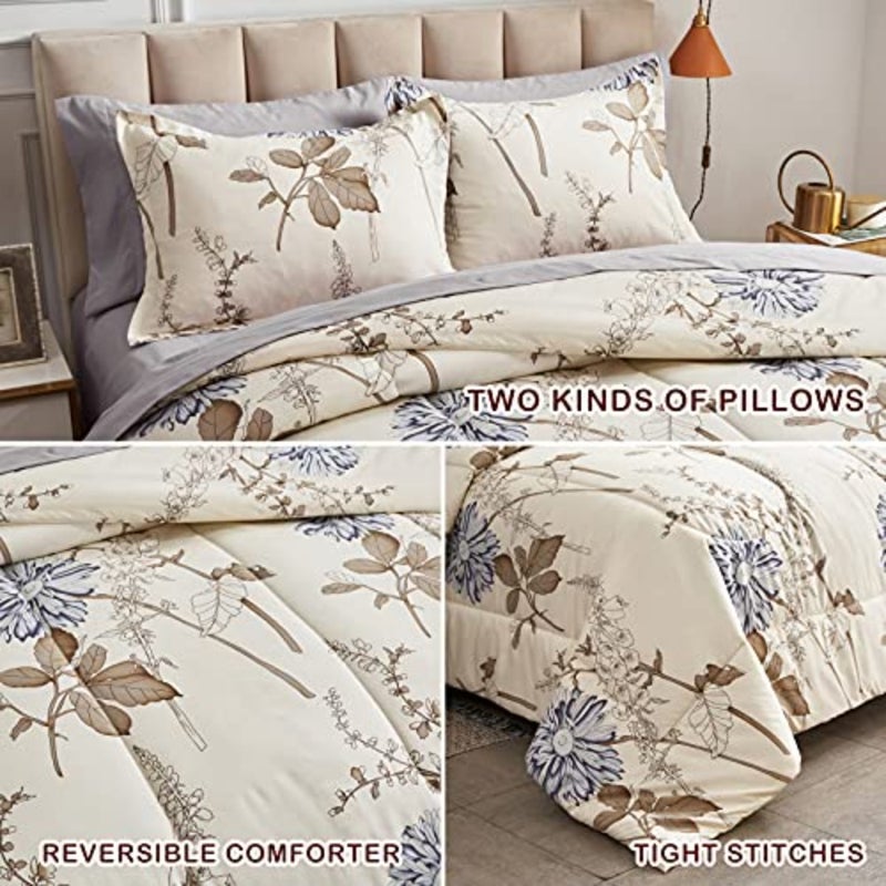 7 Piece Bed in a Bag California King, Flower Botanical Smooth Soft Microfiber Floral Comforter Set for All Season 1 Comforter, 2 Pillow Shams, 1 Flat Sheet, 1 Fitted Sheet, 2 Pillowcases - Image 5