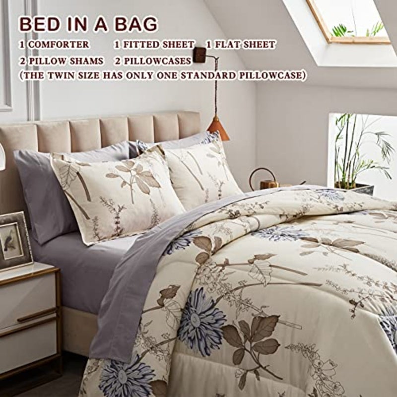 7 Piece Bed in a Bag California King, Flower Botanical Smooth Soft Microfiber Floral Comforter Set for All Season 1 Comforter, 2 Pillow Shams, 1 Flat Sheet, 1 Fitted Sheet, 2 Pillowcases - Image 4