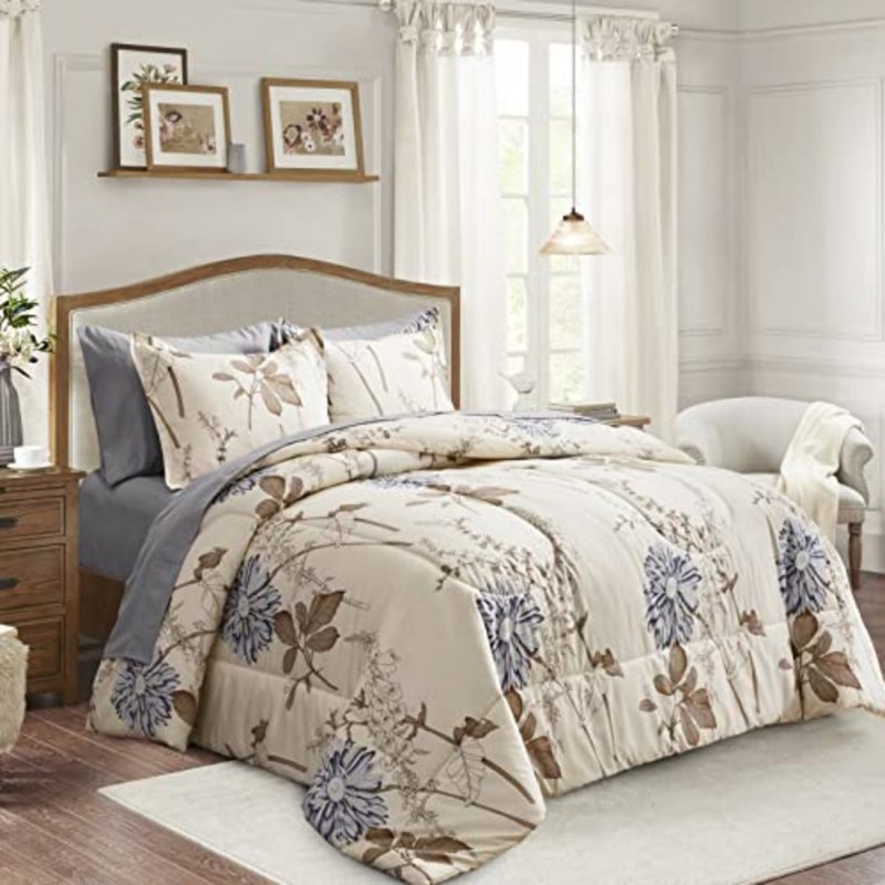 7 Piece Bed in a Bag California King, Flower Botanical Smooth Soft Microfiber Floral Comforter Set for All Season 1 Comforter, 2 Pillow Shams, 1 Flat Sheet, 1 Fitted Sheet, 2 Pillowcases - Image 1