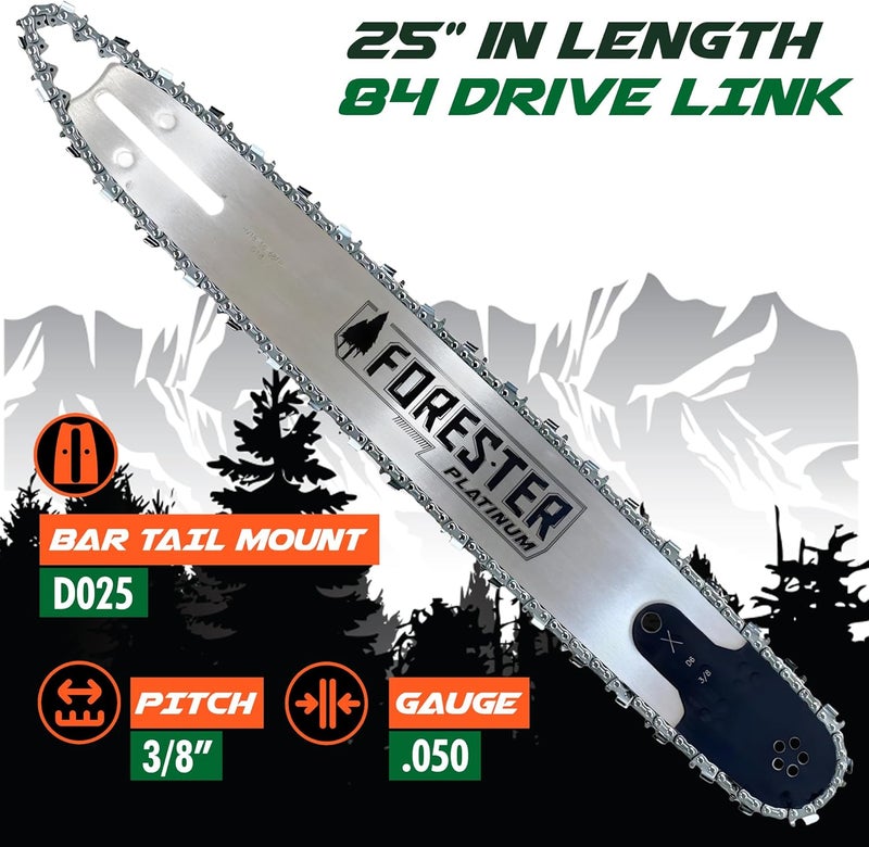 FORESTER 25” Platinum Replacement Chainsaw Guide Bar & Chain Combo - 25in Length, 3/8” Pitch, .050 Gauge, D025 Mount, 84 Drive Link – Replacement Chainsaw Bars For Stihl - Image 3