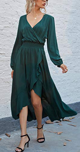 Kormei Women Long Sleeve V Neck Floral Maxi Dress High Low Flowy Party Long Dresses XL D10-Solid Green - Image 3