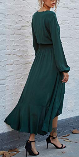 Kormei Women Long Sleeve V Neck Floral Maxi Dress High Low Flowy Party Long Dresses XL D10-Solid Green - Image 4