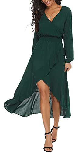 Kormei Women Long Sleeve V Neck Floral Maxi Dress High Low Flowy Party Long Dresses XL D10-Solid Green - Image 2