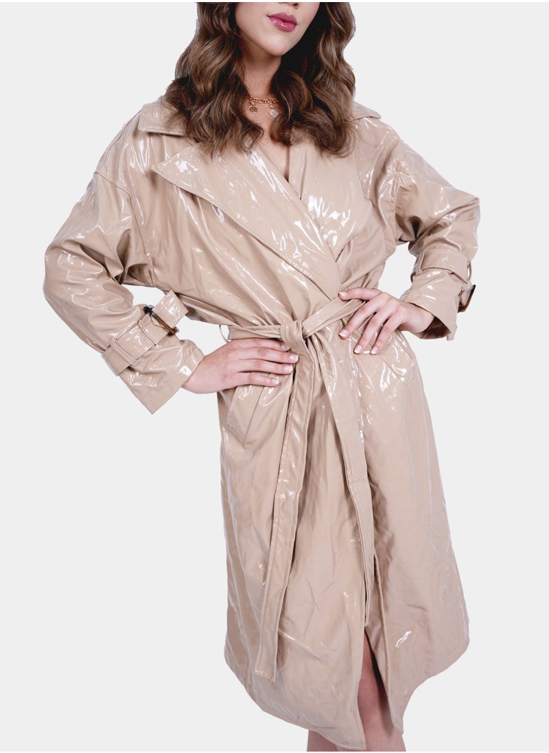 Flashmob Nude Shiny Vinyl Long Length Overcoat With Belt  - Image 1