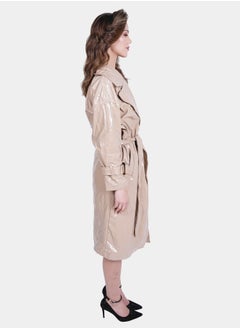 Flashmob Nude Shiny Vinyl Long Length Overcoat With Belt  - Image 3